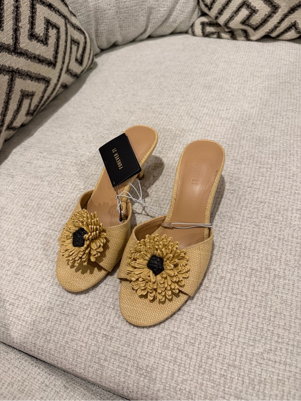 Forever 21 Women's Yellow Raffia Slide Sandals with Flower Accent